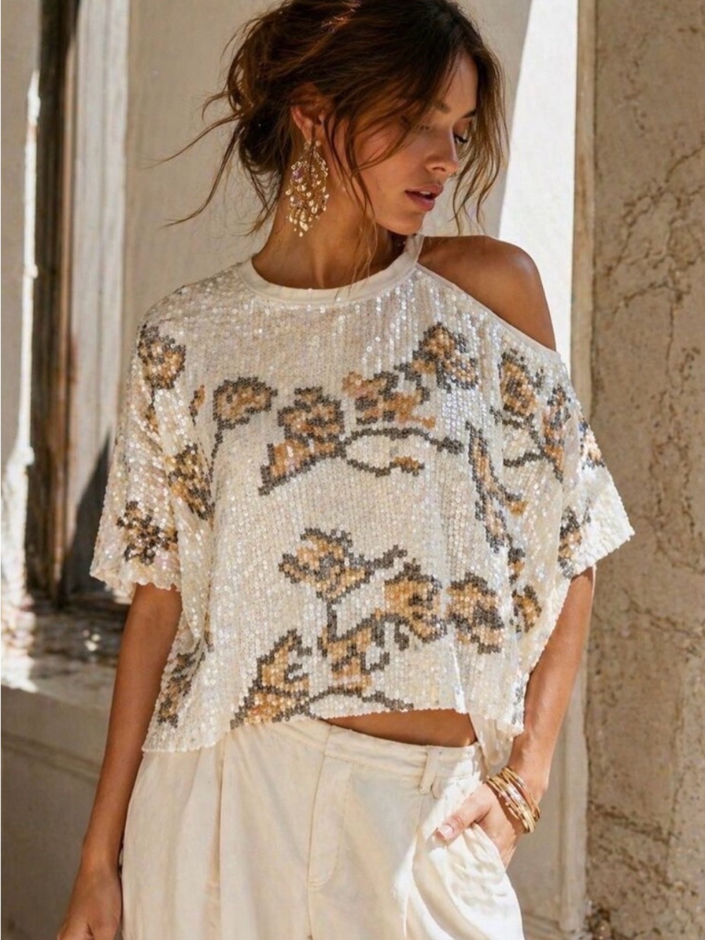 Free People Cream Sequin Cold-Shoulder Floral Crop Top
